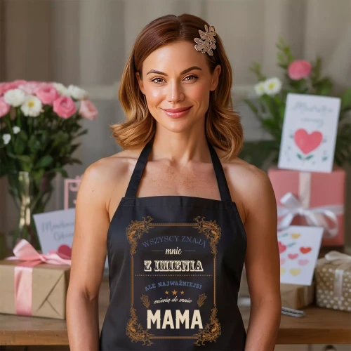 FARTUCH NA DZIEŃ MATKI dla mamy PREZENT Z NAPISEM Wszyscy znają mnie z imienia ale najważniejsi mówią do mnie mama (1).webp