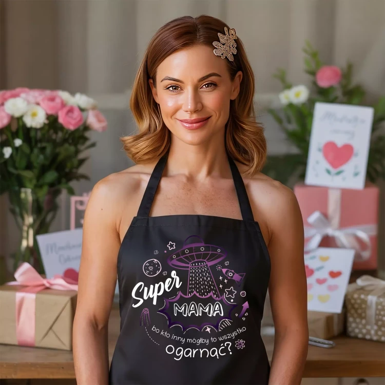 FARTUCH NA DZIEŃ MATKI dla mamy PREZENT Z NAPISEM Super Mama, bo kto inny mógłby to ogarnąć (1).webp