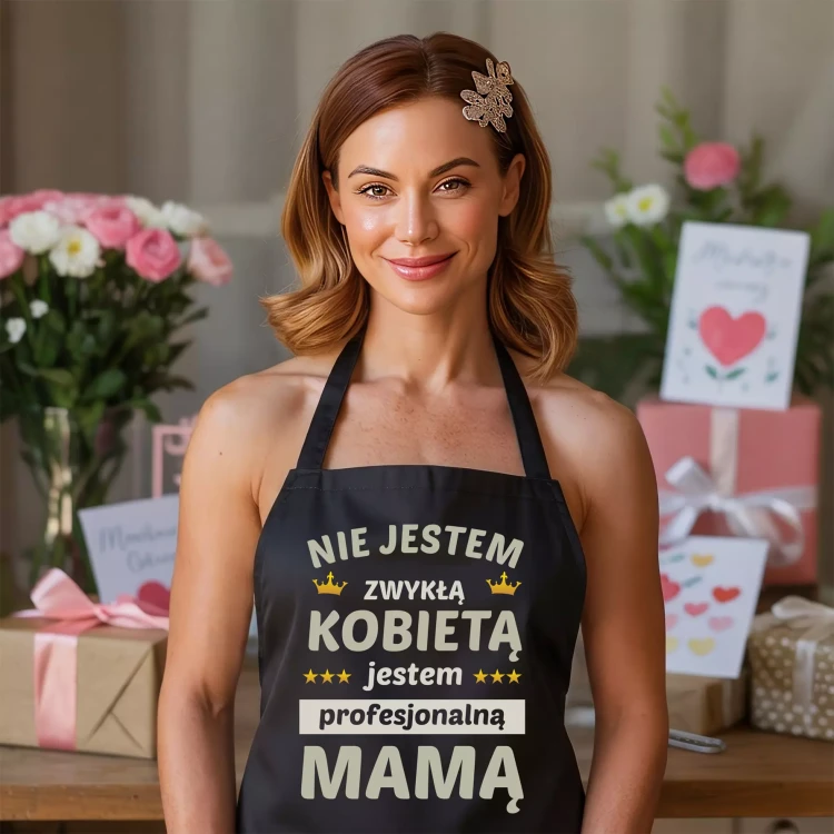 FARTUCH NA DZIEŃ MATKI dla mamy PREZENT Z NAPISEM Nie jestem zwykłą kobietą jestem profesjonalną Mamą (1).webp
