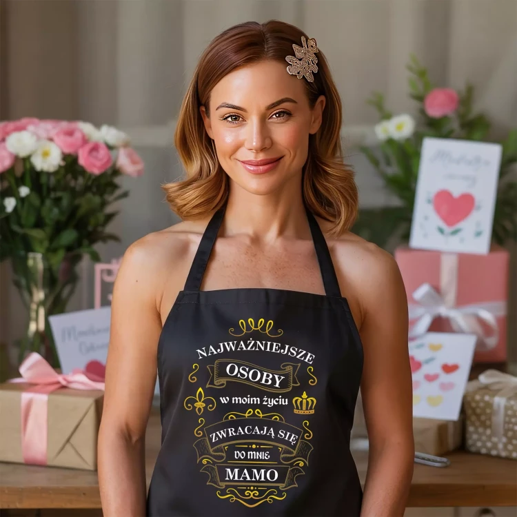 FARTUCH NA DZIEŃ MATKI dla mamy PREZENT Z NAPISEM Wszyscy znają mnie z imienia ale najważniejsi mówią do mnie mama  (1).webp