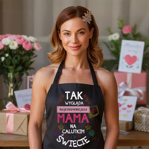 FARTUCH NA DZIEŃ MATKI dla mamy PREZENT Z NAPISEM Tak wygląda najcudowniejsza mama na calutkim świecie (1).webp