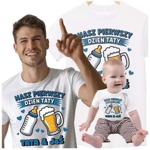 KOSZULKA dla Taty na Dzień Ojca z napisem PIERWSZY DZIEŃ TATY TATA & IMIĘ DZIECKA (1).webp