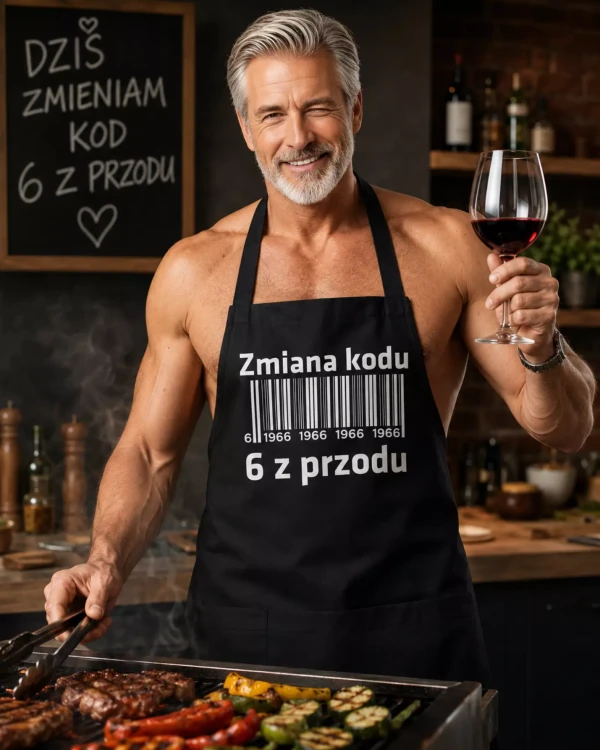Fartuch na 60 urodziny prezent urodzinowy Zmiana kodu na 6 z przodu SITO
