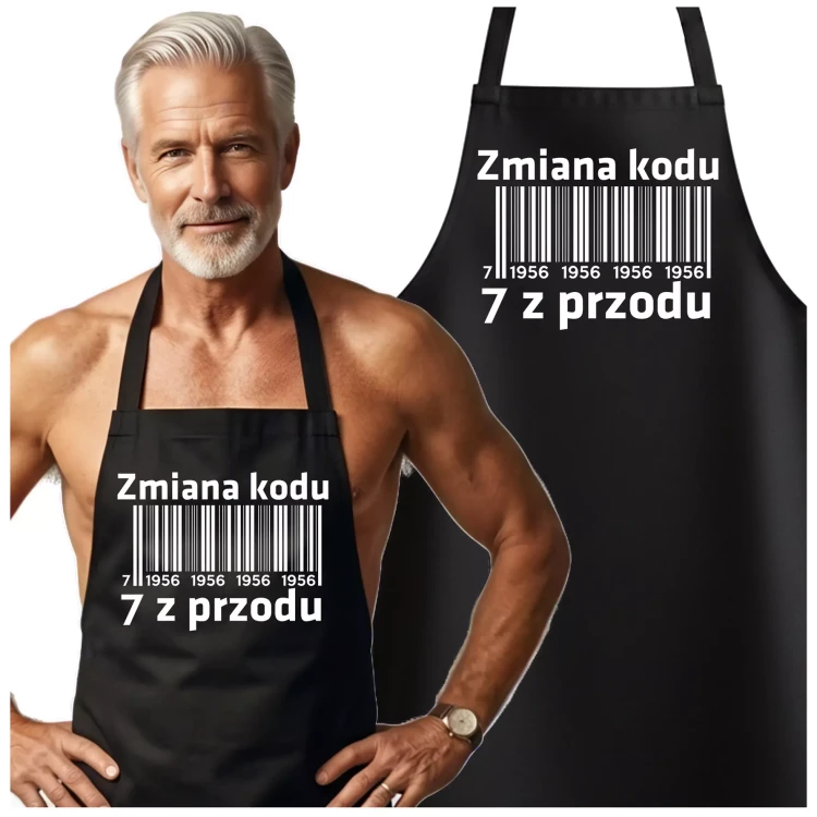 Fartuch na 70 urodziny prezent urodzinowy z napisem Zmiana kodu na 7 z przodu 1956 SITO (2).webp