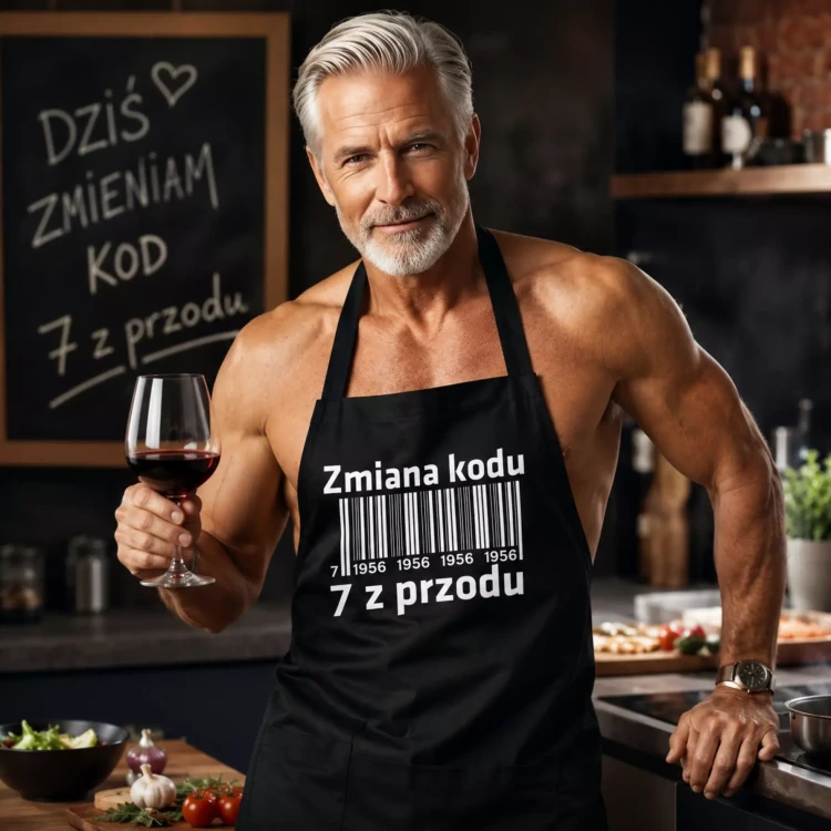 Fartuch na 70 urodziny prezent urodzinowy z napisem Zmiana kodu na 7 z przodu 1956 SITO (1).webp