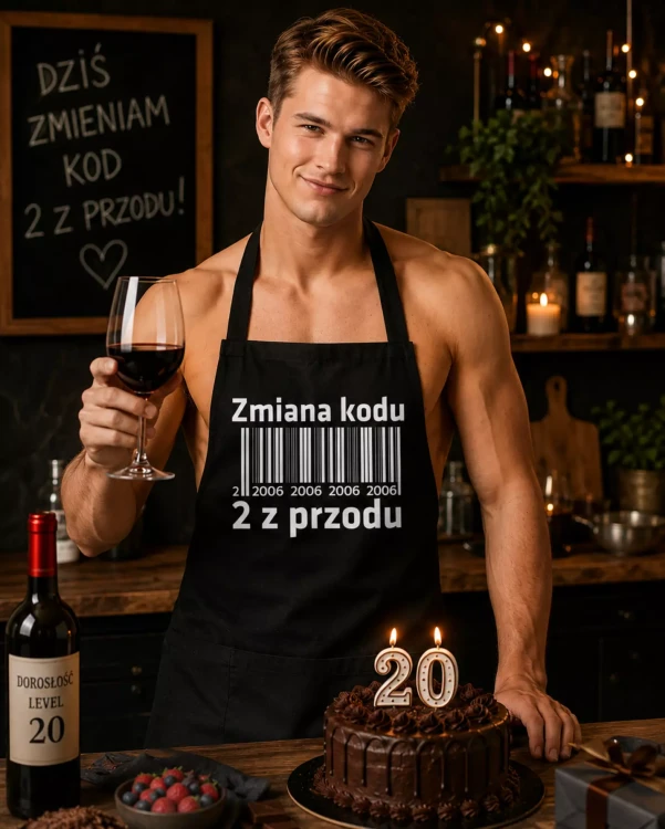 Fartuch na 70 urodziny prezent urodzinowy z napisem Zmiana kodu na 7 z przodu 1956 SITO (3).webp
