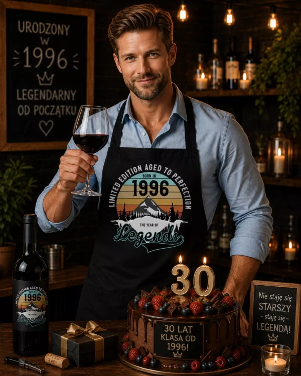 Fartuch na 30 urodziny prezent urodzinowy z napisem LIMITED EDITION AGED TO PERFECTION BORN IN 1996 THE YEAR OF LEGENDS. (2).webp