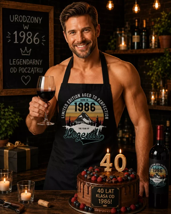 Fartuch na 40 urodziny prezent urodzinowy z napisem LIMITED EDITION AGED TO PERFECTION BORN IN 1986 THE YEAR OF LEGENDS. (2).webp