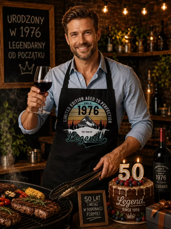 Fartuch na 50 urodziny prezent urodzinowy z napisem LIMITED EDITION AGED TO PERFECTION BORN IN 1976 THE YEAR OF LEGENDS. (2).webp