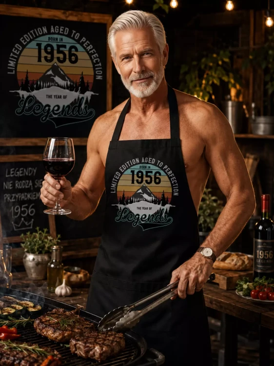 Fartuch na 70 urodziny prezent urodzinowy z napisem LIMITED EDITION AGED TO PERFECTION BORN IN 1956 THE YEAR OF LEGENDS (2).webp