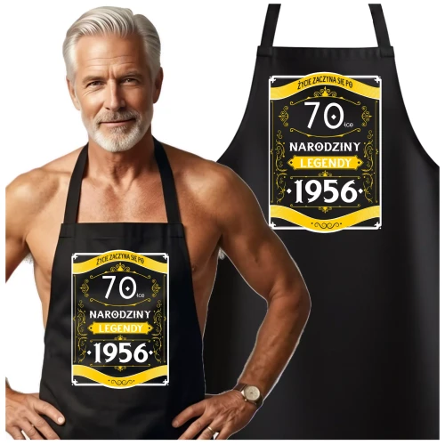 Fartuch na 70 urodziny prezent urodzinowy z napisem ŻYCIE ZACZYNA SIĘ PO 70-TCE NARODZINY LEGENDY 1956 (1).webp