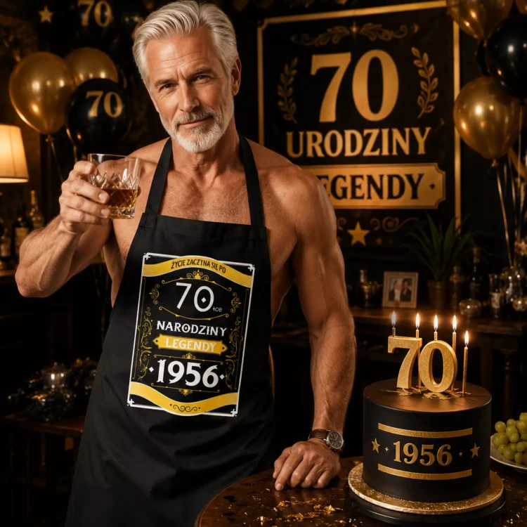 Fartuch na 70 urodziny prezent urodzinowy z napisem ŻYCIE ZACZYNA SIĘ PO 70-TCE NARODZINY LEGENDY 1956 (2).webp