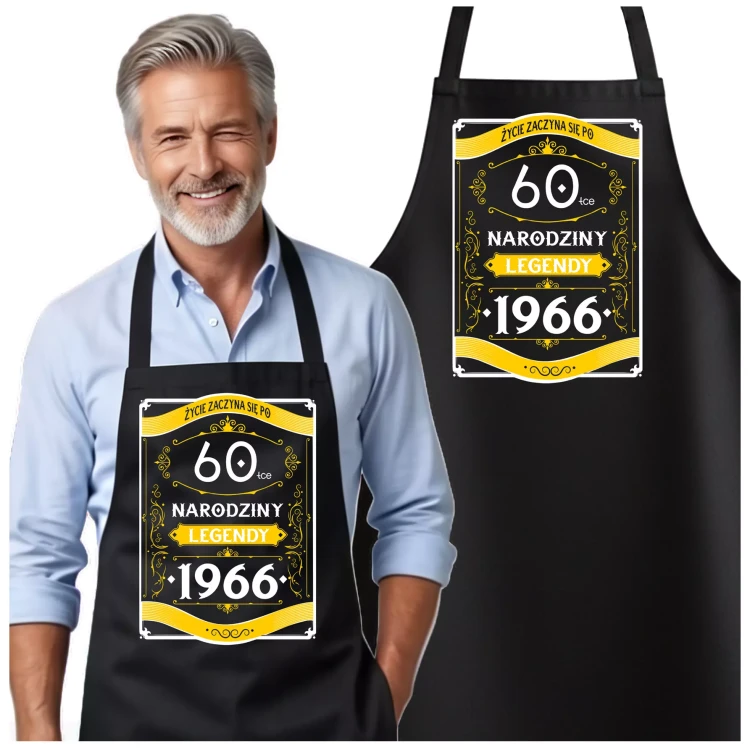 Fartuch na 60 urodziny prezent urodzinowy z napisem ŻYCIE ZACZYNA SIĘ PO 60-TCE NARODZINY LEGENDY 1966 (2).webp