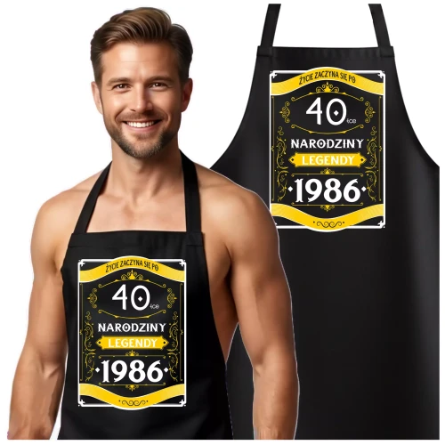 Fartuch na 40 urodziny prezent urodzinowy z napisem ŻYCIE ZACZYNA SIĘ PO 40-TCE NARODZINY LEGENDY 1986 (2).webp