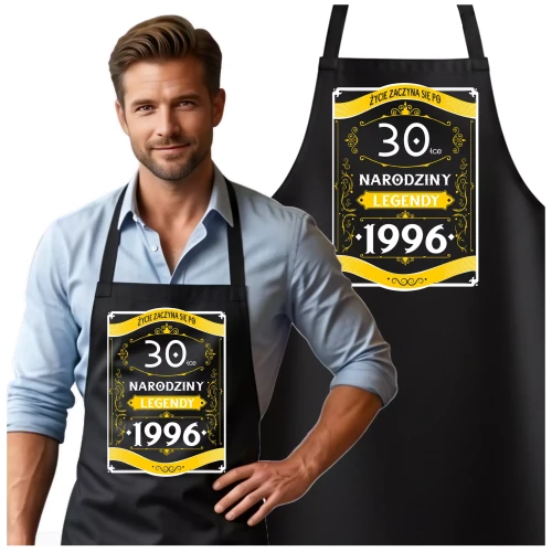 Fartuch na 30 urodziny prezent urodzinowy z napisem ŻYCIE ZACZYNA SIĘ PO 30-TCE NARODZINY LEGENDY 1996 (1).webp