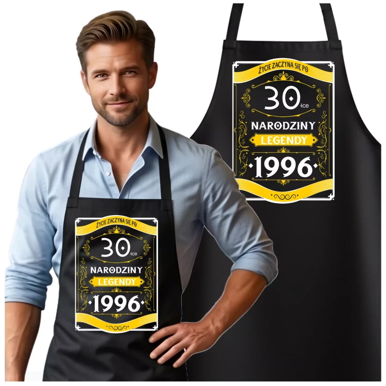 Fartuch na 30 urodziny prezent urodzinowy z napisem ŻYCIE ZACZYNA SIĘ PO 30-TCE NARODZINY LEGENDY 1996 (1).webp
