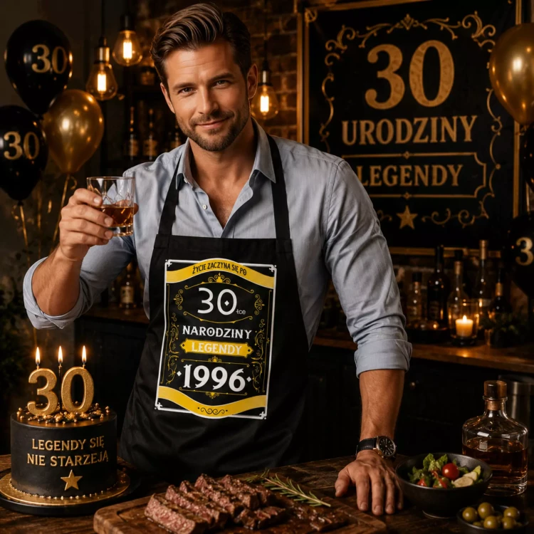 Fartuch na 30 urodziny prezent urodzinowy z napisem ŻYCIE ZACZYNA SIĘ PO 30-TCE NARODZINY LEGENDY 1996 (2).webp