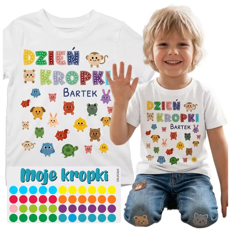 DZIEŃ KROPKI KOSZULKA DZIECIĘCA Z WŁASNYM IMIENIEM ZESTAW Z NAKLEJKAMI kolor biały (2).webp