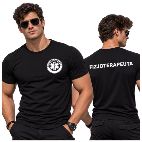Koszulka – kolor czarny – męska medyczna dla fizjoterapeuty z logo i napisem fizjoterapeuta na plecach.webp