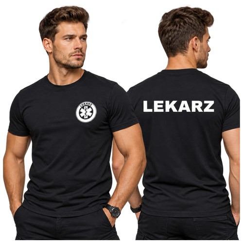 Koszulka – kolor czarny – męska medyczna dla lekarza z logo i napisem lekarz na plecach.jpg