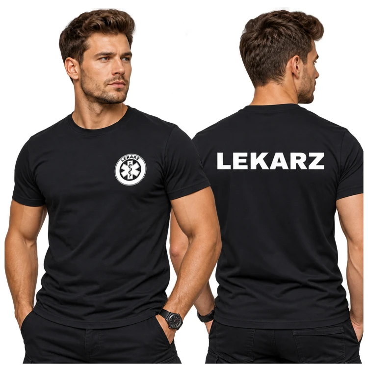 Koszulka – kolor czarny – męska medyczna dla lekarza z logo i napisem lekarz na plecach.jpg