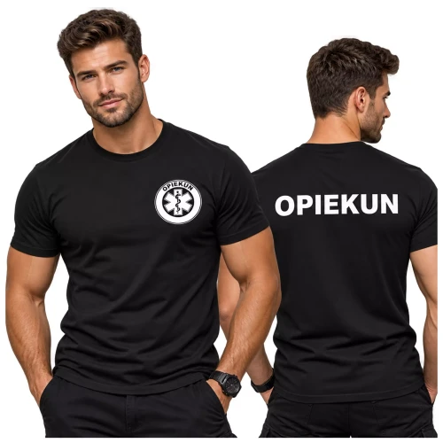 Koszulka – kolor czarny – męska medyczna dla opiekuna z logo i napisem opiekun na plecach.webp