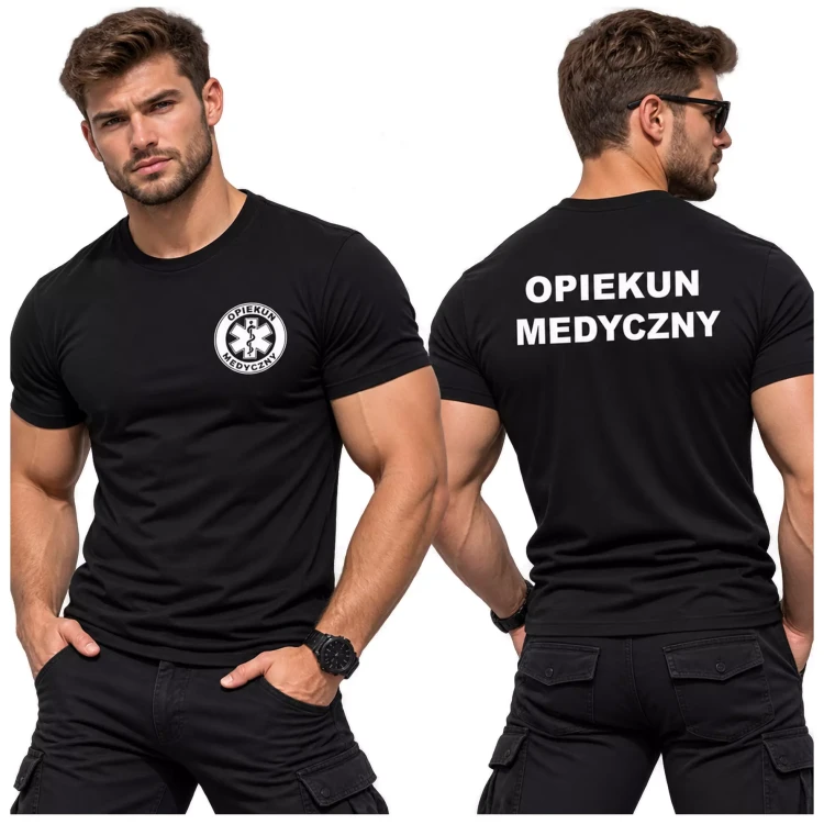 Koszulka – kolor czarny – męska medyczna dla opiekun medyczny z logo i napisem opiekun medyczny na plecach.webp