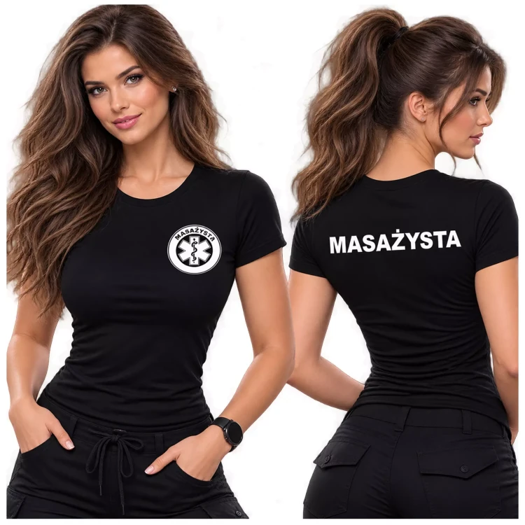 Koszulka damska BASIC 134 medyczna z krótkim rękawem z logo na sercu i plecach z nadrukiem masażysta logo 160 gm².webp