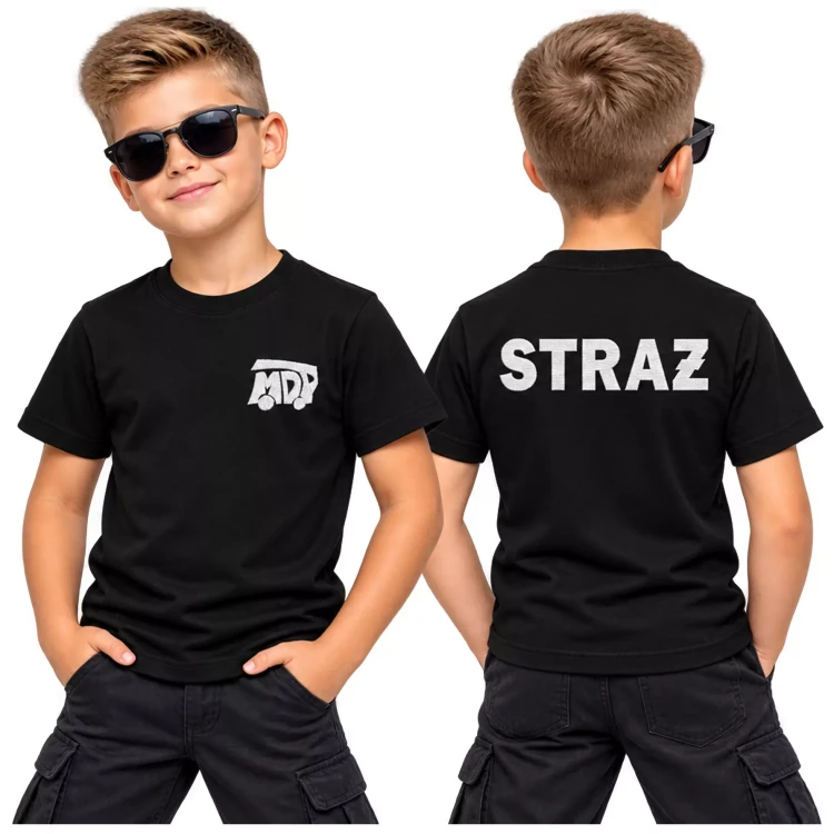 Koszulka – kolor czarny – dziecięca z krótkim rękawem z logo na sercu i plecach unisex z haftem logo OSP 160 g Basic138 koszulka krótki rękaw.webp