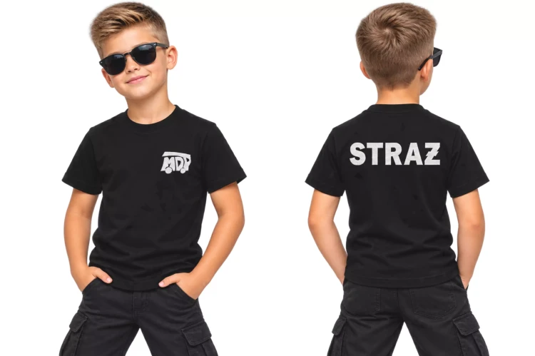 Koszulka – kolor czarny – dziecięca z krótkim rękawem z logo na sercu i plecach unisex z haftem logo OSP 160 g Basic138 koszulka krótki rękaw (2).webp