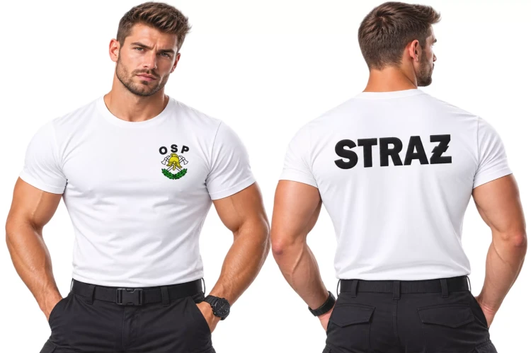 Koszulka – kolor biały – z krótkim rękawem z logo na sercu i plecach męska z haftem logo OSP 160 g BASIC129 koszulka krótki rękaw  (1).webp