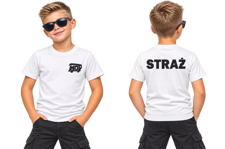 Koszulka – kolor biały – dziecięca z krótkim rękawem z logo na sercu i plecach unisex z haftem logo OSP 160 g Basic138 koszulka krótki rękaw (1).webp