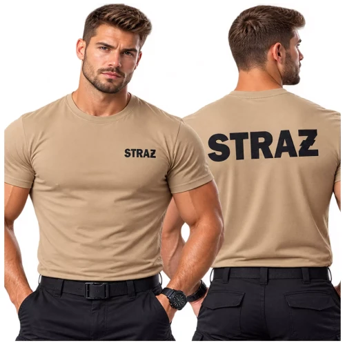 Koszulka z krótkim rękawem z logo na sercu i plecach męska z haftem logo OSP 160 g BASIC129 koszulka krótki rękaw kolor piaskowy (2).webp