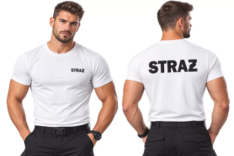 Koszulka – kolor biały – z krótkim rękawem z logo na sercu i plecach męska z haftem napisem straż 160 g BASIC129 koszulka krótki rękaw  (1).webp