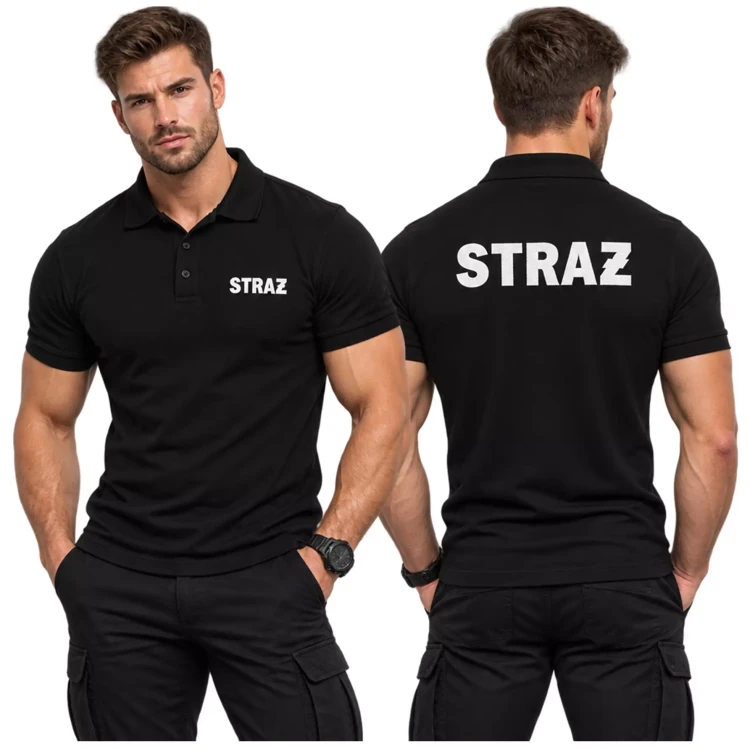Koszulka – kolor czarny – polo z krótkim rękawem z logo na sercu i plecach męska z haftem logo OSP 200 g Pique Polo203 koszulka polo krótki rękaw .webp