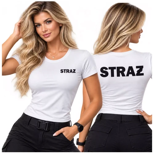 Koszulka bała z krótkim rękawem z logo na sercu i plecach damska z haftem napisem straż 160 g BASIC134 koszulka krótki rękaw (1).webp