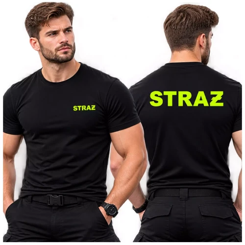 Koszulka – kolor czarny – z krótkim rękawem z logo na sercu i plecach męska nadruk z napisem straż 160 g BASIC129 koszulka krótki rękaw (4).webp
