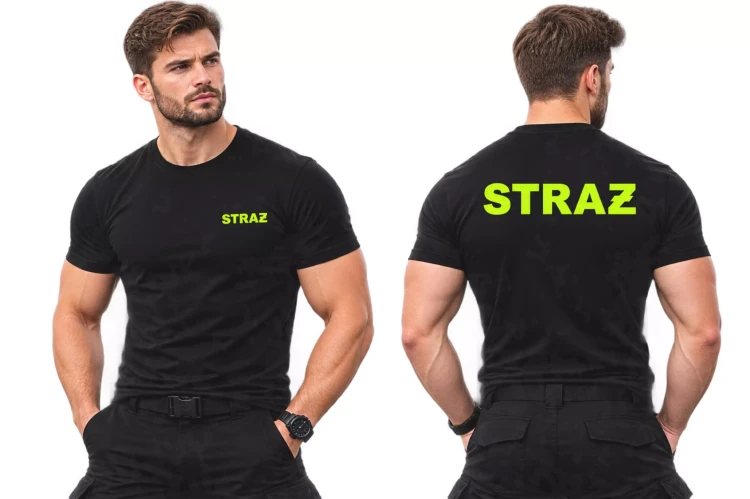 Koszulka – kolor czarny – z krótkim rękawem z logo na sercu i plecach męska nadruk z napisem straż 160 g BASIC129 koszulka krótki rękaw (3).webp