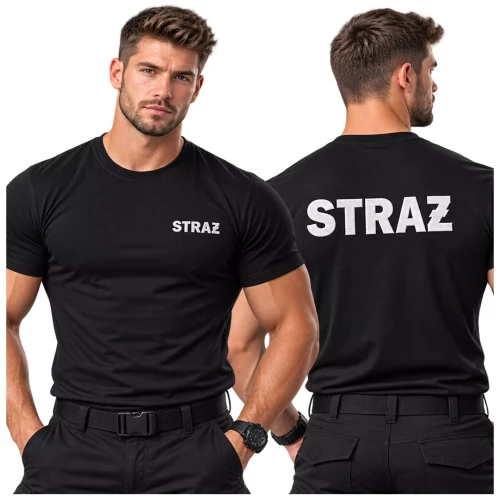 Koszulka – kolor czarny – z krótkim rękawem z logo na sercu i plecach męska z haftem napisem straż 160 g BASIC129 koszulka krótki rękaw (1).webp