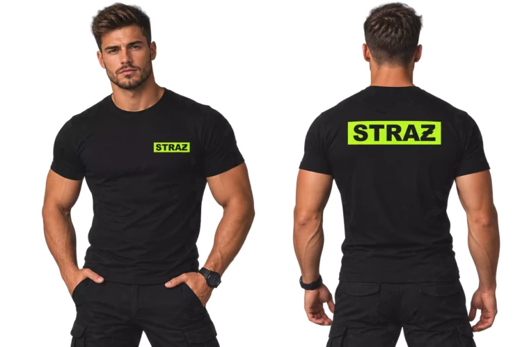 Koszulka – kolor czarny – czarna z krótkim rękawem z napisem straż w zielonej ramce na sercu i plecach męska nadruk 160 g BASIC129 koszulka krótki (1).webp