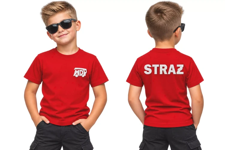 Koszulka – kolor czerwony – dziecięca z krótkim rękawem z logo na sercu i plecach unisex z haftem logo OSP 160 g Basic138 koszulka krótki rękaw (2).webp