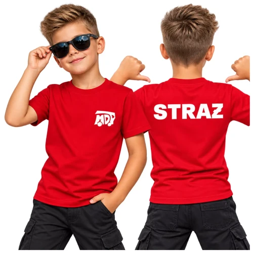 Koszulka – kolor czerwony – dziecięca z krótkim rękawem z logo mdp na sercu i napisem straż na plecach unisex 160 g Basic138 koszulka krótki rękaw (1).webp