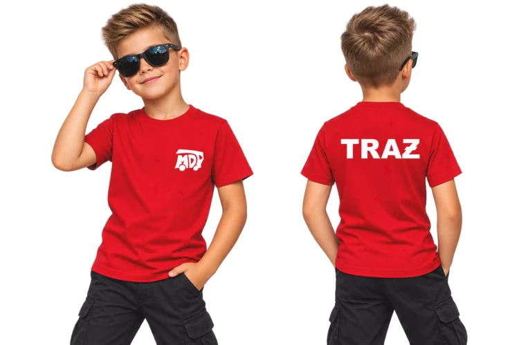 Koszulka – kolor czerwony – dziecięca z krótkim rękawem z logo mdp na sercu i napisem straż na plecach unisex 160 g Basic138 koszulka krótki rękaw (2).webp