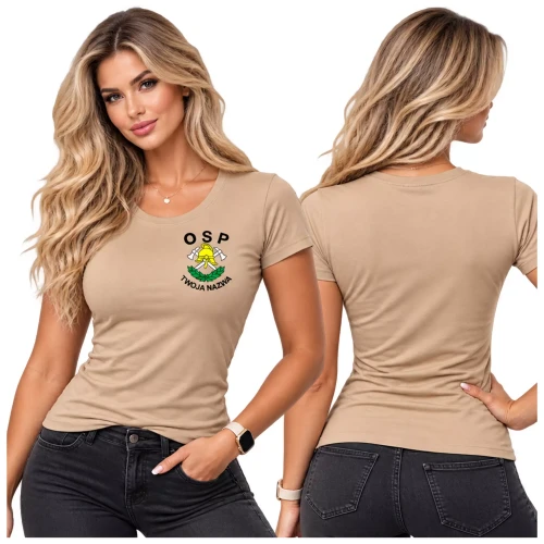 Koszulka damska z krótkim rękawem z logo OSP na sercu z nadrukiem 160 g BASIC134 koszulka krótki rękaw kolor piaskowy (1).webp