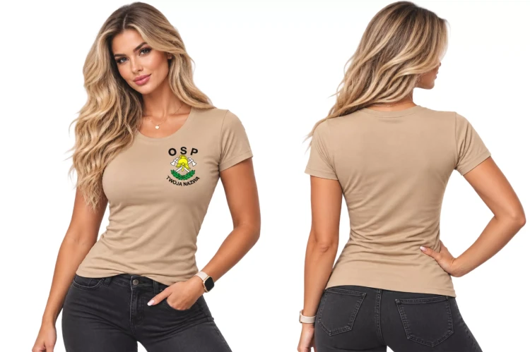 Koszulka damska z krótkim rękawem z logo OSP na sercu z nadrukiem 160 g BASIC134 koszulka krótki rękaw kolor piaskowy (3).webp