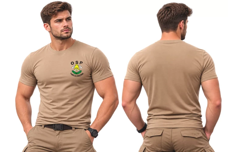 Koszulka z krótkim rękawem z logo OSP na sercu męska z nadrukiem 160 g BASIC129 koszulka krótki rękaw kolor piaskowy.webp