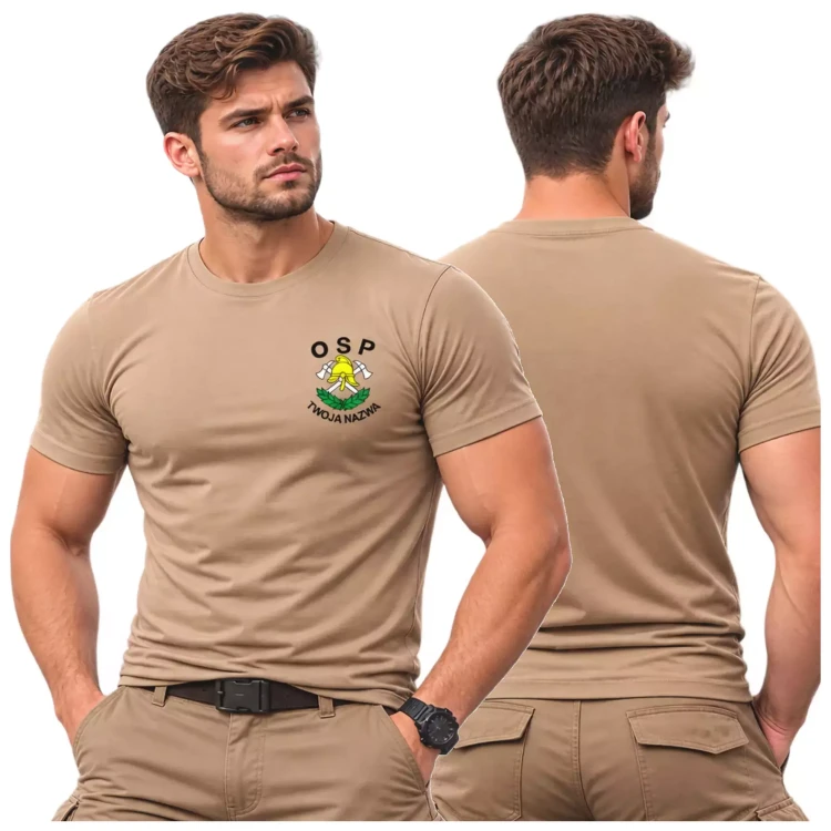 Koszulka z krótkim rękawem z logo OSP na sercu męska z nadrukiem 160 g BASIC129 koszulka krótki rękaw kolor piaskowy (2).webp