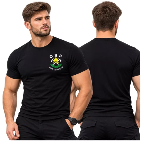 Koszulka – kolor czarny – męska z krótkim rękawem z logo OSP na sercu z nadrukiem 160 g BASIC129 koszulka krótki rękaw (1).webp