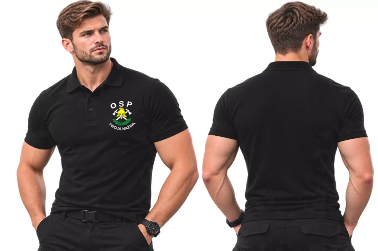 Koszulka – kolor czarny – polo męska z krótkim rękawem z logo OSP na sercu z nadrukiem 200 g Pique Polo203 koszulka polo krótki rękaw (2).webp