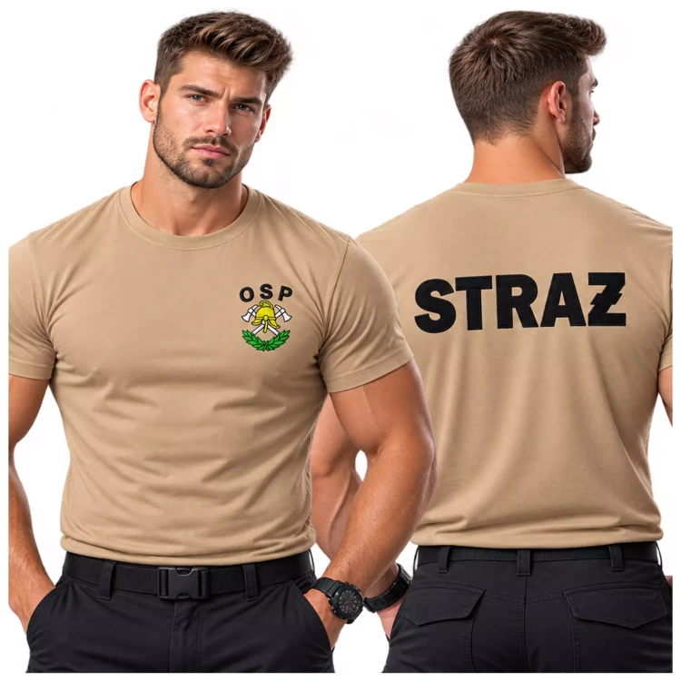Koszulka męska z krótkim rękawem z haftem logo na sercu i plecach kolor piaskowy (2).webp